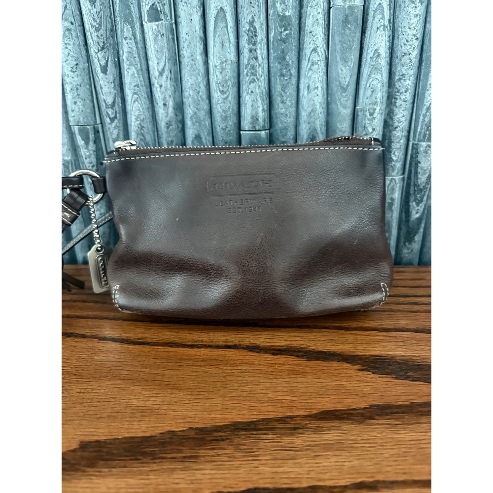Coach Dark Brown Leatherware mini  Wristlet Tassel Zipper Silver Hardware Logo